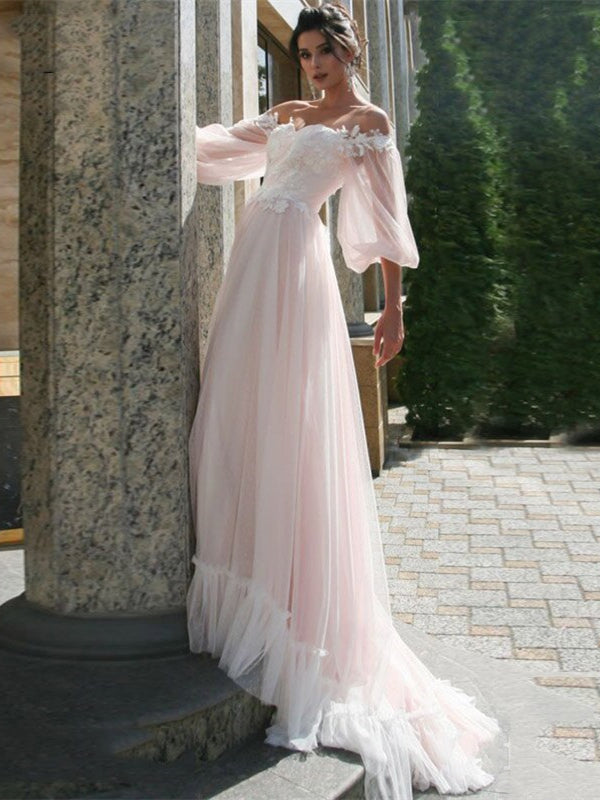 Boho Pink Tulle Lace Prom Dresses ...